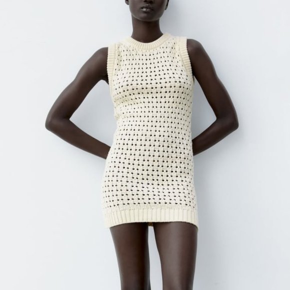 Zara Dresses & Skirts - NWT ECRU BEIGE CREAM OPENWORK KNIT MINI DRESS.